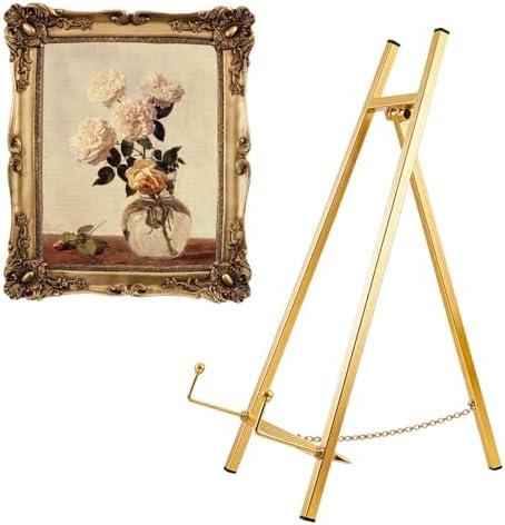 Vankcp 1Pcs Gold Table Top Easel Stand, 16.5" Tall Modern Metal Tripod Plate Stand, Heavy Duty Art Holder Easel with Adjustable Chain, for Painting, Wedding Sign Posters
