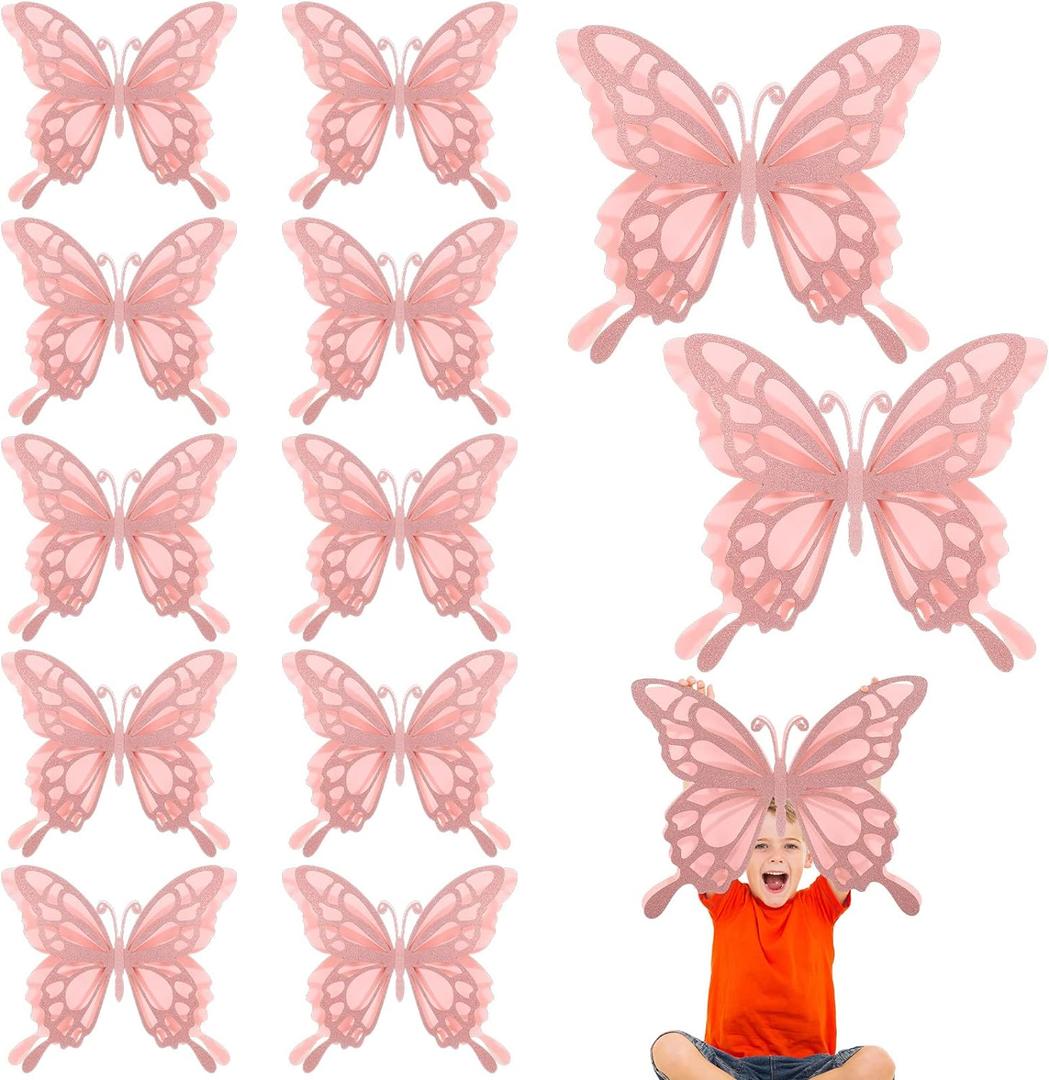 Geyee 12 Pcs 3D Large Butterfly Party Decoration Paper Stickers in 2 Different Size Butterfly Wall Mural Set for Birthday Baby Shower Nursery Bedroom Wedding(Champagne)