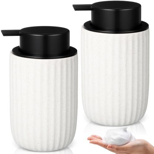 Lineshading 2 Pack Ceramic Foaming Hand Soap Dispenser Beige, Foam Dispenser with Black Pump 10 oz Speckled Rippled Refillable Liquid Lotion Soap Foam Bottle for Kitchen Bathroom (Foaming Pump)