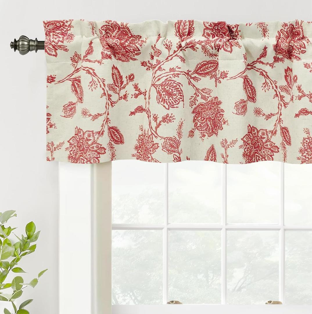 DriftAway Freda Jacobean Floral Linen Blend Blackout Thermal Insulated Energy Saving Privacy Window Linen Curtain Valance Rod Pocket 2 Layers Single 52 Inch by 14 Inch Plus 2 Inch Header Red Beige