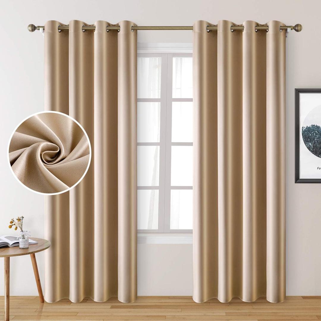 HOMEIDEAS 2 Panels Beige Faux Silk Blackout Curtains, 52 X 96 Inch Champagne Gold Room Darkening Satin Thermal Insulated Window Drapes for Bedroom, Indoor