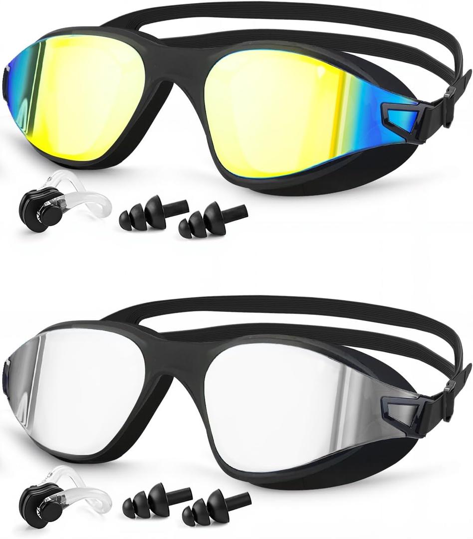 Swimming Goggles 2 Pack, Professional Anti Fog No Leaking UV Protection Swim Goggles for Women Men Adult Youth (Aqua & Silver)
