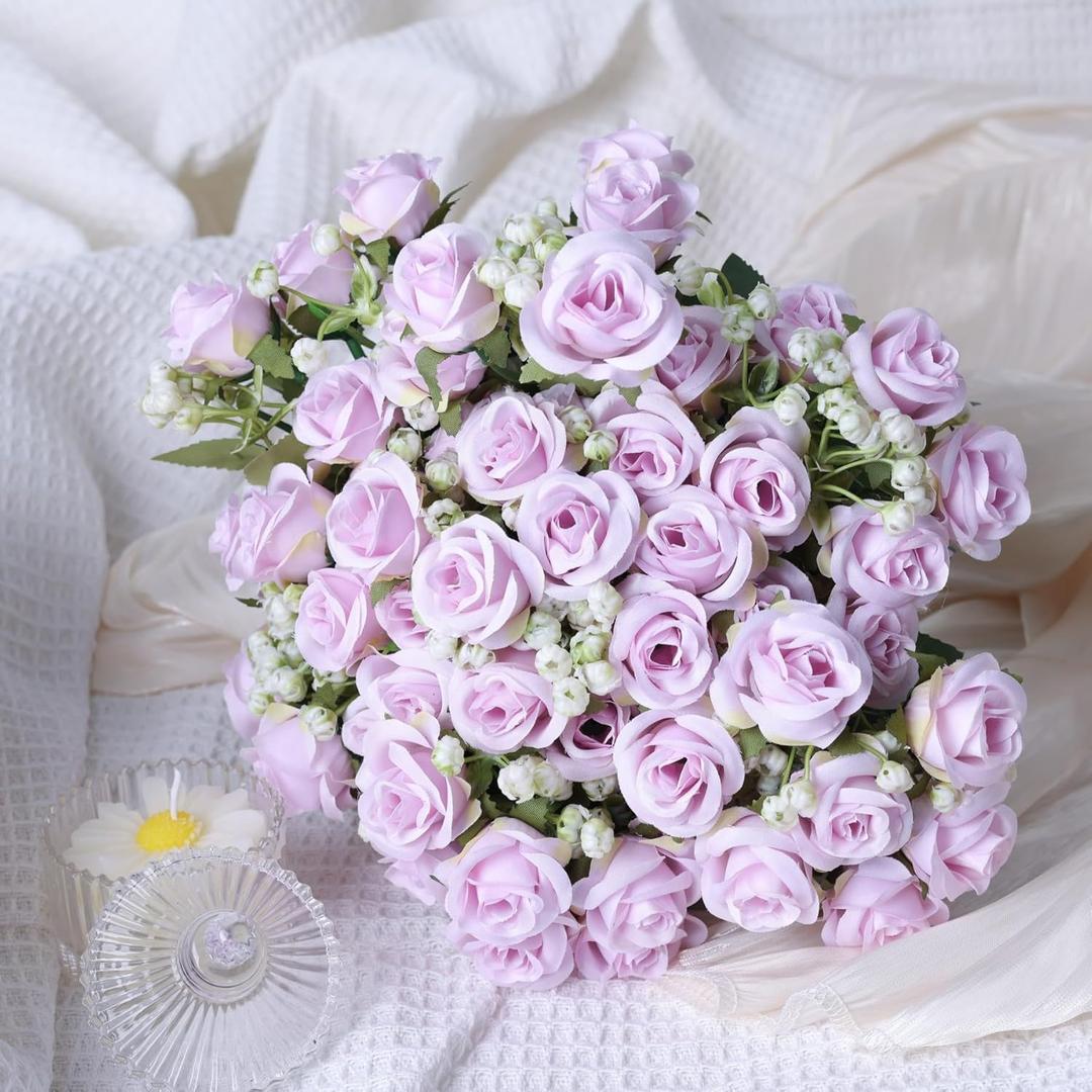 6-Pack Light Purple Silk Rose Bouquets, 60 Roses Artificial Flowers Heads with Faux Baby's Breath Stems Leaves, Fake Roses for Wedding Bouquets, Centerpieces & Home Table Dcor