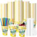 Meanplan 300 Pieces/100 Sets Lemonade Cups with Lids and Straws Disposable Cups for Party Decorative Lemon Paper Cup Lemonade Stand Supplies for Water Juice Kitchen Coffee Birthday Decorations (12 oz)