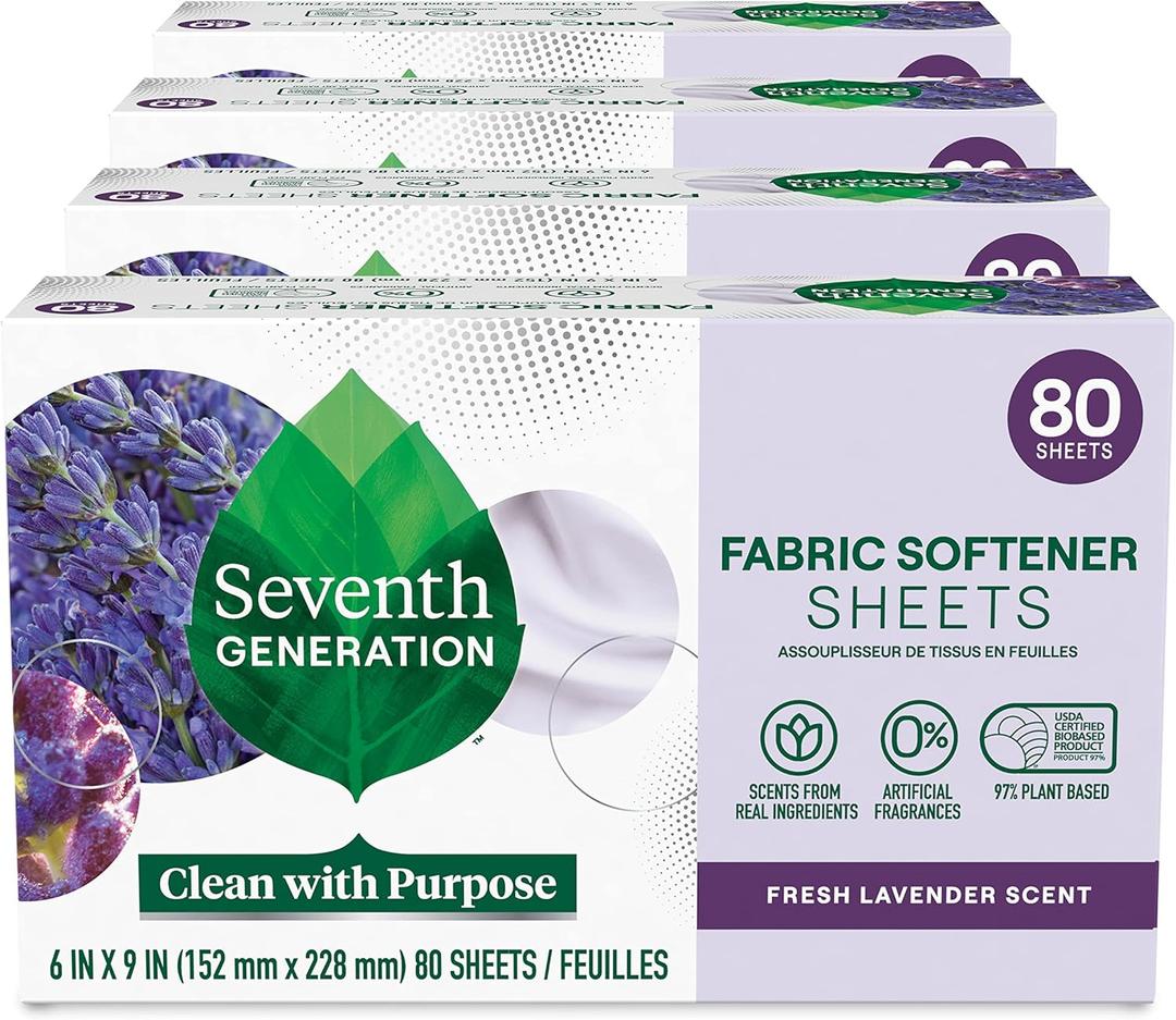Seventh Generation Dryer Sheets Fabric Softener Fresh Lavender Scent with 100% Essential Oils and Botanical Ingredients 80 Sheets (Pack of 4)