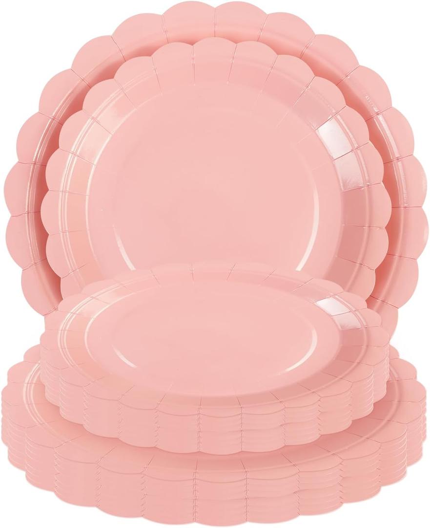 Christmas Pink Paper Plates New Year 25 * 7" &25 * 9" Party Cake Dessert Scalloped Paper Plates Disposable Party Supplies Decorative for Birthday Baby Shower Wedding
