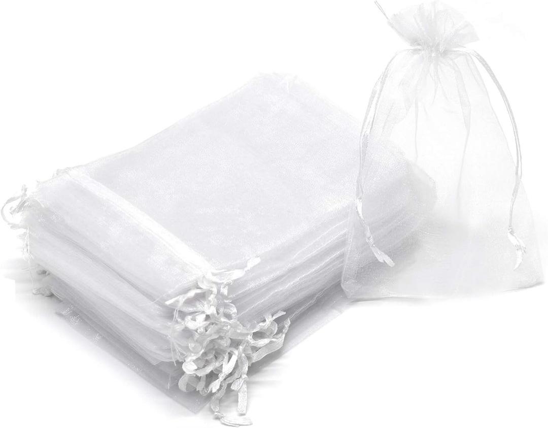 50Pcs Premium Sheer Organza Bags, White Wedding Favor Bags with Drawstring, 7x9 inches Jewelry Gift Bag for Party, Festival, Makeup Organza Favor Bag, Drawstring Goody Pouches