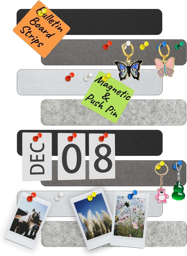 Bulletin Board, Jeethemy Felt Pin Board Bar Strips, Self Adhesive Cork Boards for Walls with 35 Push Pins for Bedrooms Offices Home Decoration,8 Pack,Black/Grey/White/Light Grey