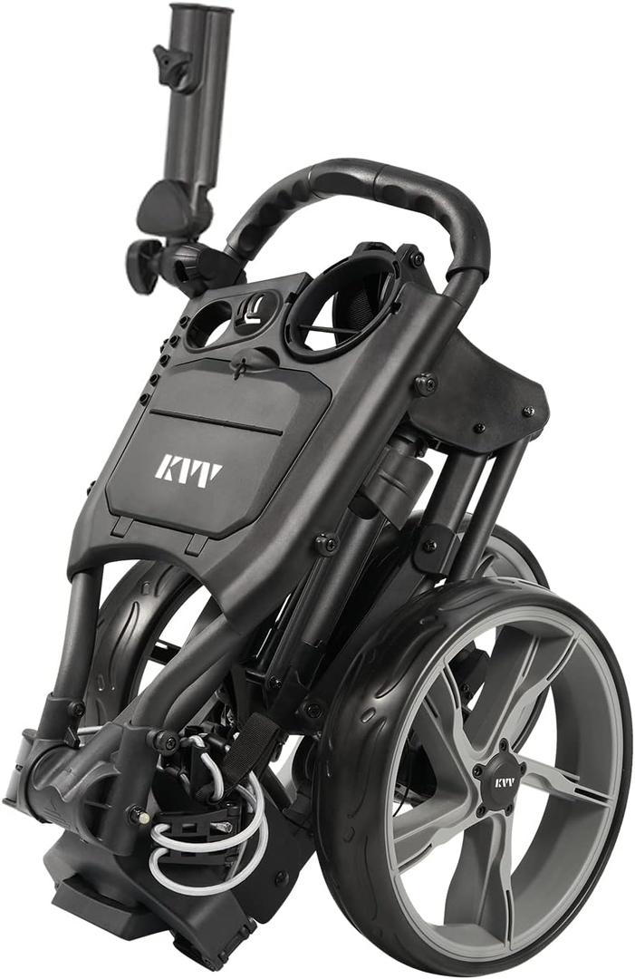 KVV 3 Wheel Golf Push Cart Ultra Lightweight Smallest Folding Size, New-Version Scorecard Holder (Charcoal)