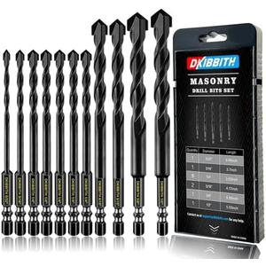 11-pc Masonry Drill Bits Carbide Concrete Drill Bit Set for Stone Tile Brick Ceramic Glass Metal Sheet Plastic and Wood, Quick Change 1/4" Hex Shank, Size 5/32” 3/16" 1/4" 5/16" 3/8" 1/2" with Case