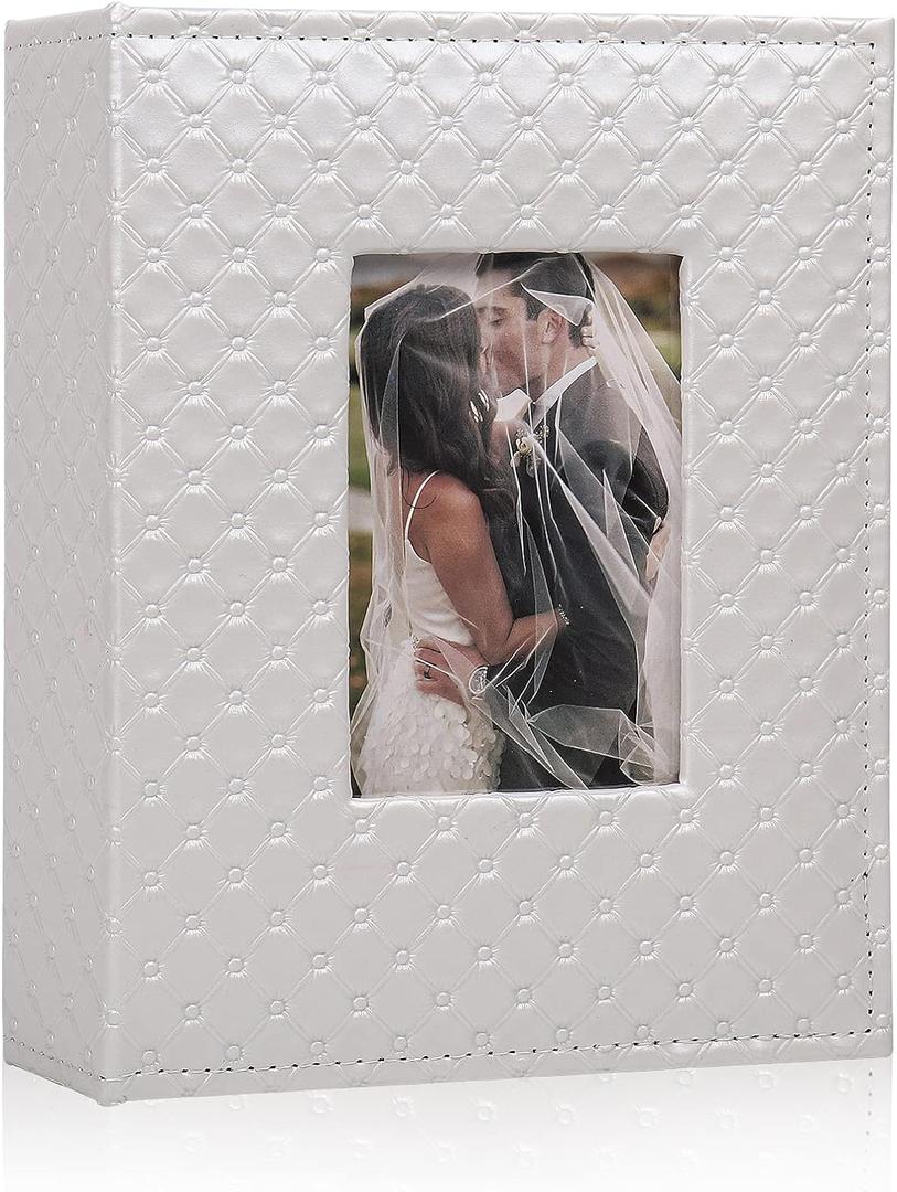 RECUTMS 200 Pocket Photo Albums 4x6 Small PU Leather Cover Picture Album Personalized Memory Photo Book for Wedding Family Baby Anniversary Graduation Travel Valentines Day Gifts(White)