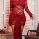 acelyn Womens Sexy Floral Lace Bodycon Mini Dress Long Sleeve Mock Neck Cocktail Party Birthday Club Dress (Red, L)