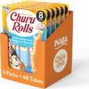 INABA Churu Rolls for Dogs, Grain-Free, Soft/Chewy Baked Chicken Wrapped Churu Filled Dog Treats, 0.42 Ounces Each Stick| 48 Stick Treats Total (8 Sticks per Pack), Chicken with Cheese Recipe