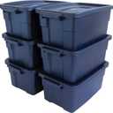 Rubbermaid Roughneck Tote 3 Gal, 6 Pack, Made in USA, Dark Indigo Metallic, Rugged Plastic Stackable Storage Bins with Lids and Handles