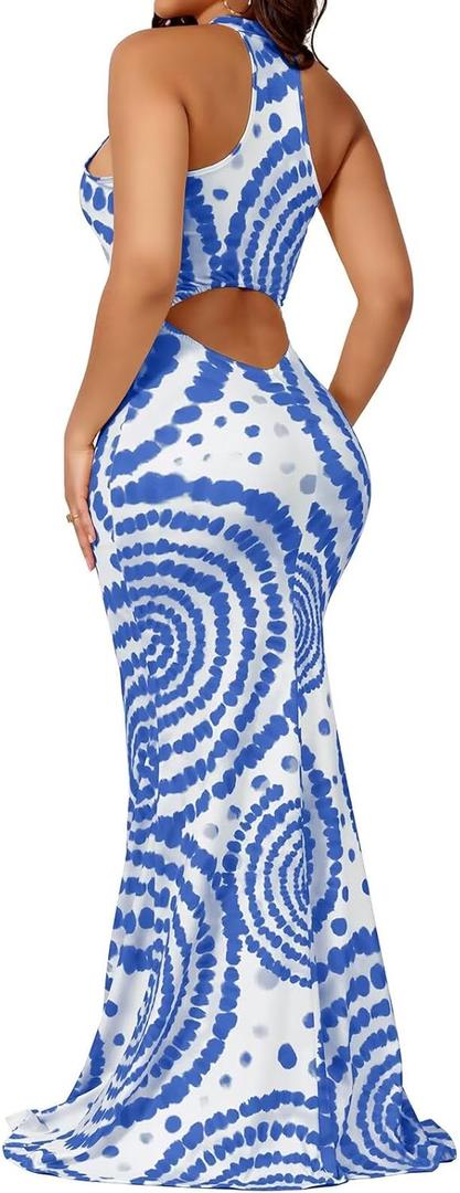 EDITCOZY Women Sexy Bodycon Maxi Dress Tie Dye Beach Summer Dresses Halter Backless Vacation Long Sundress (Large, Blue)