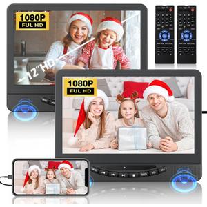 12" Dual Portable DVD Player for Car with 1080P HDMI Input, FELEMAN Car DVD Player Dual Screen Play A Same or Two Different Movies, 5 Hours Rechargeable, Support USB, AV in, Lsat Memory