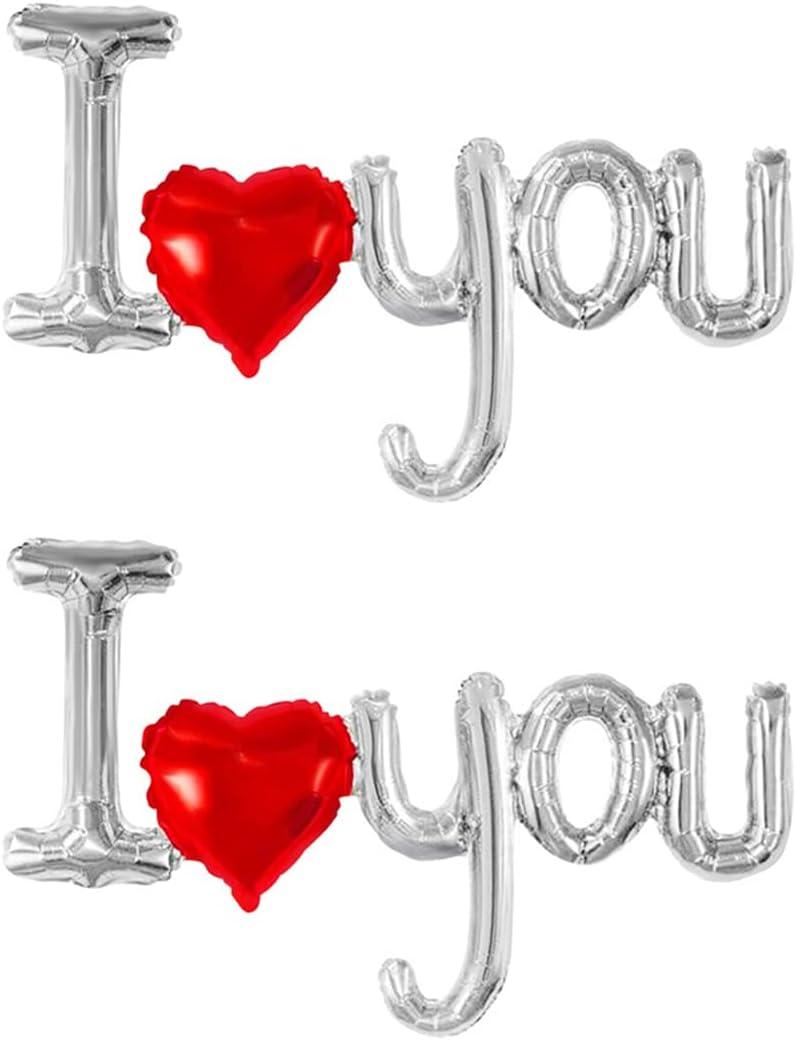 Dzrige 38 Inch I Love You Balloons I Love U Heart Shaped Balloons Silver Letter Foil Balloon Banner for Valentines Day Mothers Day Wedding Anniversary Decoration Supplies, 2 Pieces