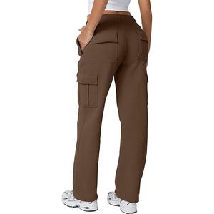 QINSEN Baggy Medium Waist Elastic Sweatpants for Womens Casual Long Fleece Cargo Pants with Pockets (Chestnut, Medium)
