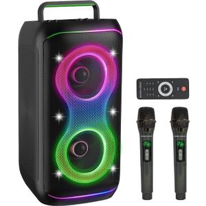 GKD61 Karaoke Machine for Adults with 2 Wireless UHF Microphones, 400W Peak Power Karaoke System with Dual 6.5'' Subwoofers, Portable Party Bluetooth Speaker with RC, Bass & Treble Control for Outdoor (Black)