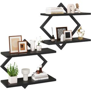 IBUYKE Floating Shelves,15 Inch Wall Shelf Set of 2,Wall Mounted Shelves,2 Tier Hanging Decorative Storage Shelf for Living Room, Bedroom, Bathroom, Kitchen TFS003B-2