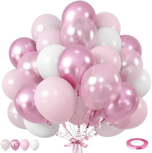 Pink Balloons Set, 12 Inch Metallic Light Baby Pink and White Balloon, Pearlpink Ivory Latex Balloons for Girls Women Birthday Baby Shower Wedding Valentine Bachelorette Easter Christmas Party Decor