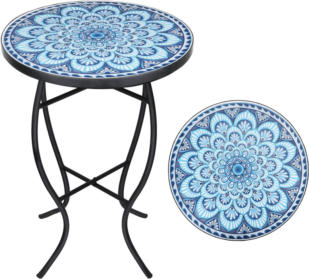VCUTEKA Mosaic Outdoor Side Table, 14" Round Small Patio Accent Table Indoor End Table for Yard, Garden, Living Room, Bistro Balcony or Lawn Blue