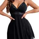 BemorRun Sexy Night Gowns for Woman Sexy Sleepwear Lace Chemise V-Neck Babydoll Lingerie Slip Nightie with Side Slits (Black, XL)