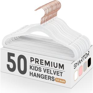 Smartor Kids Velvet Hangers 50 Pack, 14 Inch Premium Non Slip Kids Felt Hangers for Closet, Space Saving Toddler Clothes Hanger for Youth's Childrens' Clothes (Rose Gold Hook)- White