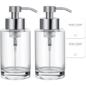 Foaming Soap Dispenser Set, 12 Oz Glass Hand Soap Dispenser with 304 Rust Proof Stainless Steel Pump, Waterproof Labels, for Bathroom Decor Kitchen College Dorm, Clear Silver Pump 2 Pack