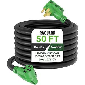 RVGUARD 50 Amp 50 Foot RV/EV Extension Cord, NEMA 14-50P/R Heavy Duty Extension Cord with LED Power Indicator and Cord Organizer, Green, ETL Listed
