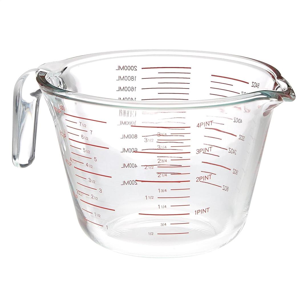 Amazon Basics Glass Measuring Cup, 8 Cup (2L), Easy to Read, Dishwasher Safe, Microwave Safe, Freezer Safe, Oven Safe, for Wet and Dry Ingredients