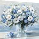 1Pcs Vintage Flowers Canvas Wall Art Blue Beach Pictures Blossom Bathroom Wall Decor Modern Blue Ocean Background Artwork Prints Hanging in Office Dining Room Kitchen Bedroom16X24in Frame (Blue Art, 16x24in, Framed)