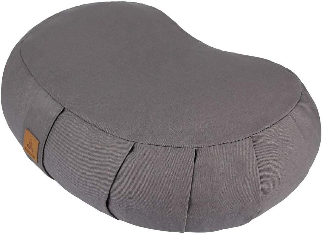 Crescent Zafu Meditation Pillow, D=17" W=11" H=5.5" Zabuton Yoga Bolster, Meditation Cushion, Floor Pouf Yoga Pillow Zippered Organic Cotton Cover Natural Buckwheat kneeling pillow - Large (Grey)