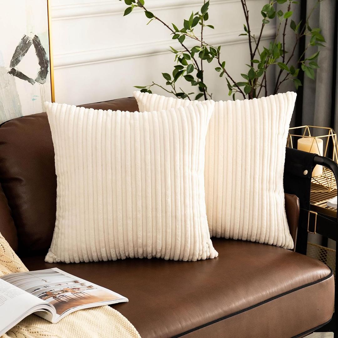 UGASA 18x18Inch Stripe Decorative Throw Pillow Covers Pack of 2 Soft Velvet Solid Square Cushion Case for Sofa Bedroom Couch, Cream