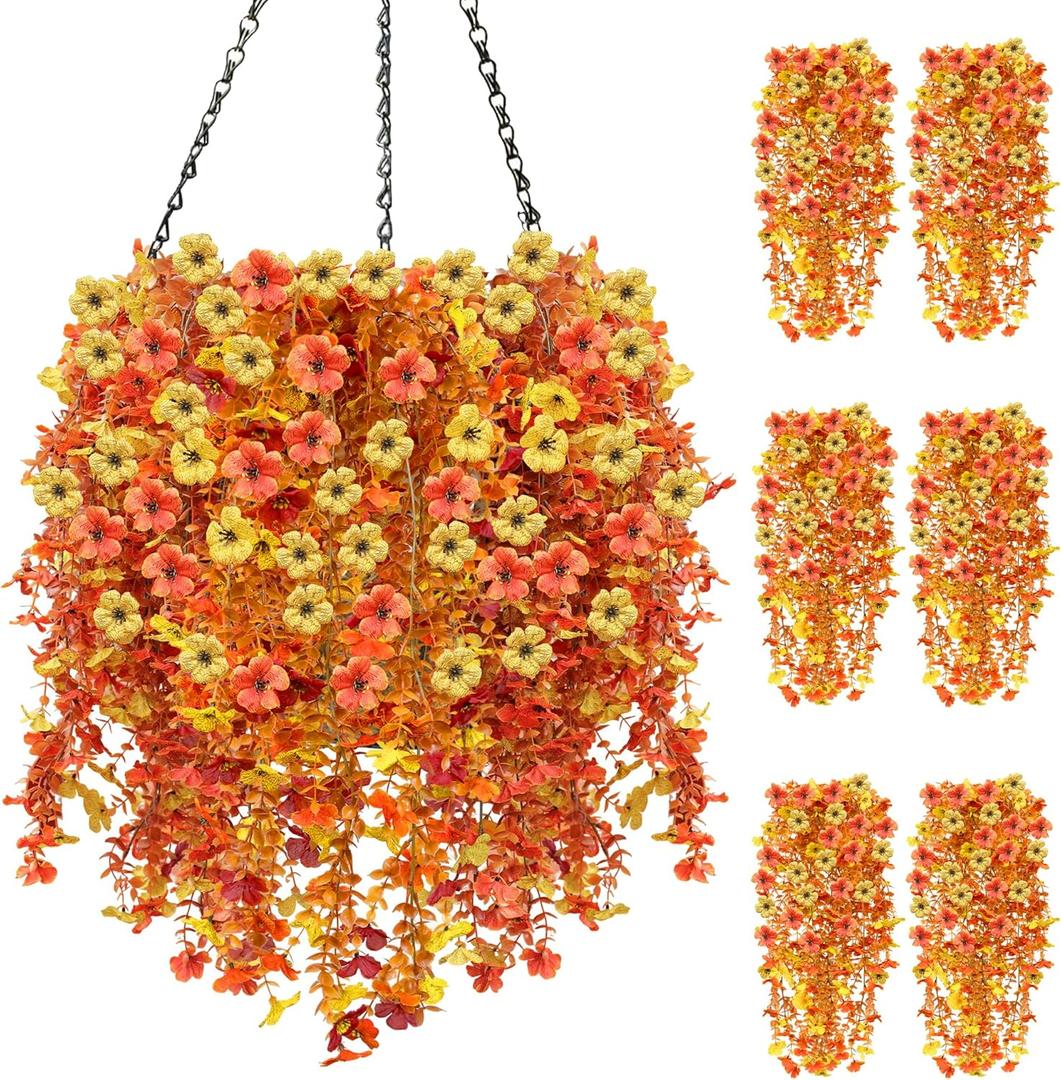 Artificial Hanging Flowers for Outdoor Fall Decoration, 6Pcs Faux Silk Daisy UV Resistant Look Real for Outside Home Indoor Planter Porch Window Yard Mums Autumn Decor (Yellow Fall Orange)