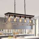 Q&S Dining Room Chandelier Light Fixtures,Farmhouse Rustic Vintage Antique Linear Chandeliers Pendant Ceiling Light Fixture for Kitchen Island Bar Office Coffee Shop 5-Lights Oak and ORB UL Listed