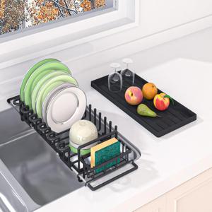 in Sink Dish Drying Rack, Expandable Dishes Racks for Kitchen Sink with Silicone Mat, Black