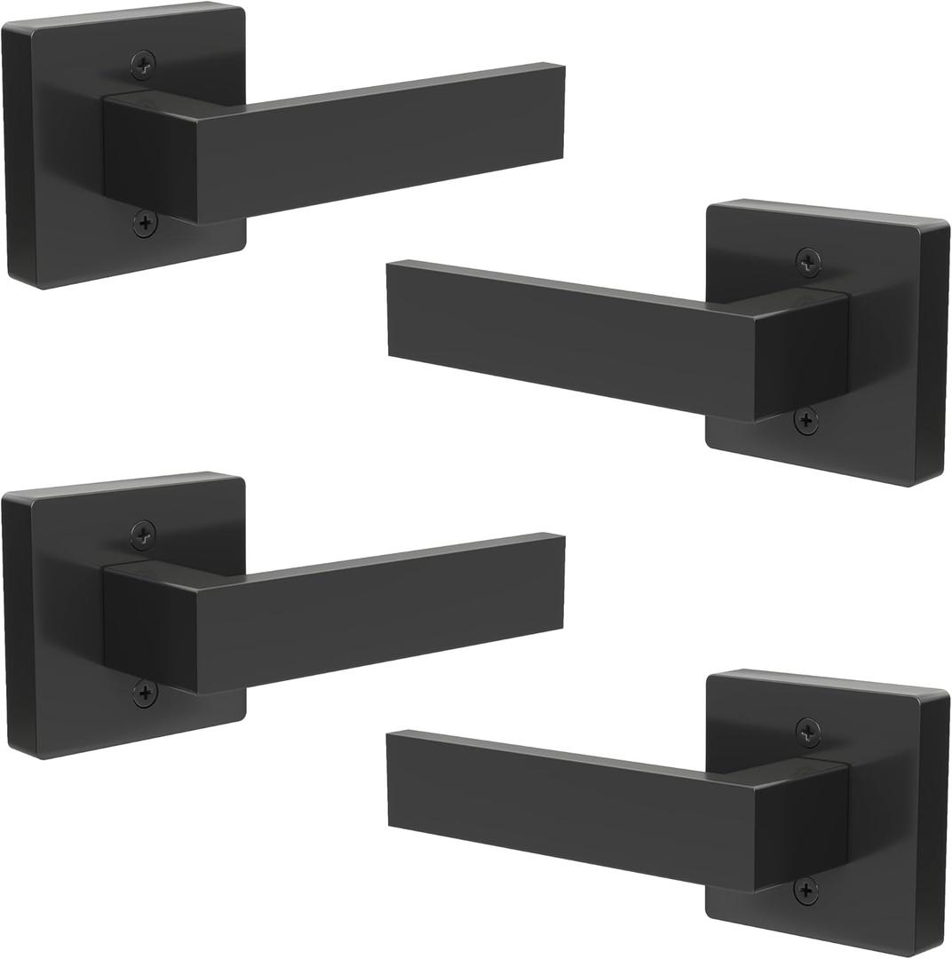 Dummy Door Handles Interior - Pack of 4, Matte Black Door Handle Single Side Lever for Closet & French Doors | Ambidextrous Square Design, Powder Coated Non-Turning and Non-Locking Handle (Dummy with Screws)