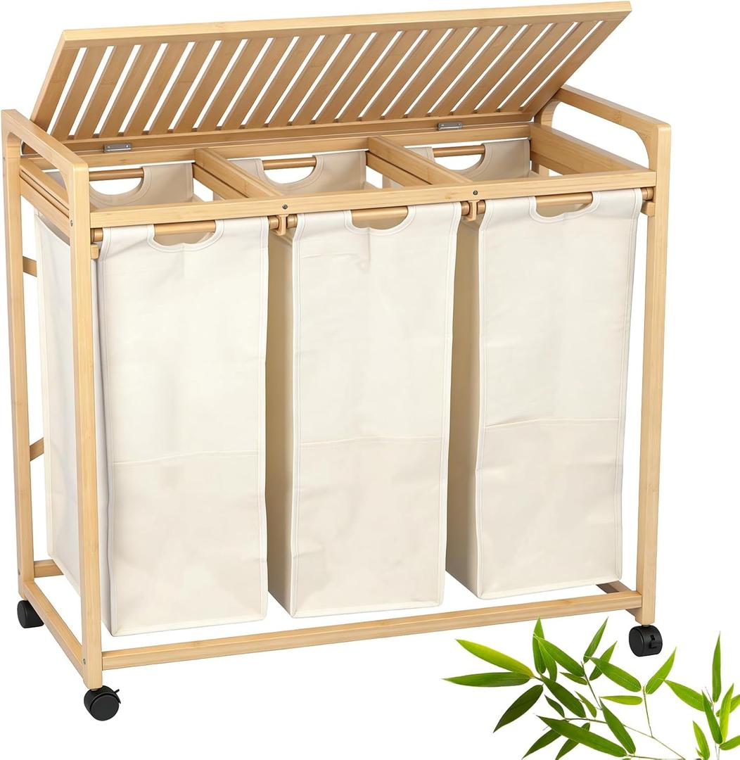 Bamboo Laundry Hamper 3 Section with Lid, 150L Laundry Sorter with Lockable Wheels, Pull-Out Removable Washable Bags, 3 12.5 Gal Divided Laundry Baskets for Laundry Room, Bathroom (Beige)