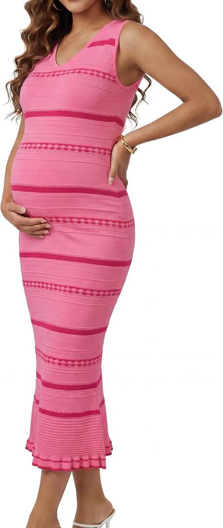 OUGES Maternity Sleeveless Sweater Striped Beach Dresses for Baby Shower Photoshoot Summer Spring V-Neck Viscose Holiday Vacation Dress Pregnancy Must Haves Clothes(Pink Plum Red Stripes,M)
