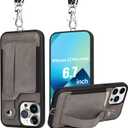 TOOVREN iPhone 13 Pro Max Case Wallet, Compatible with iPhone 13 Pro Max Case with Card Holder Kickstand Adjustable Detachable Necklace, iPhone Lanyard for iPhone 13 Pro Max 6.7 inch 2021 Gray