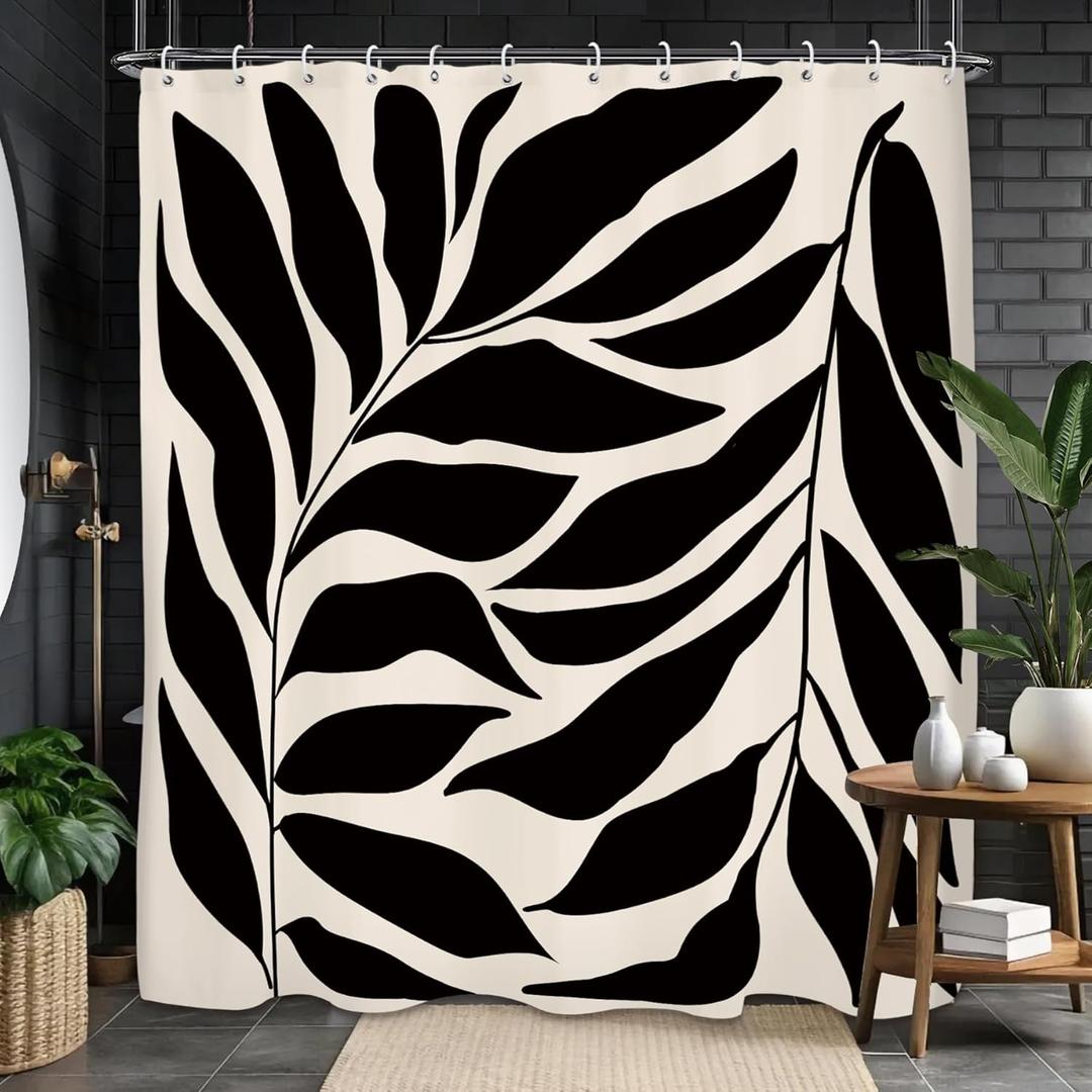 Abstract Black Leaves Shower Curtain 60Wx71L, Minimalist Aesthetic Shower Curtains for Bathroom Decor, Modern Neutral Contemporary Shower Curtain Set Home Decor 12 Pack Hooks