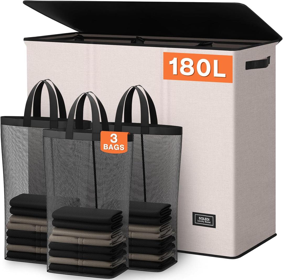 SOLEDI 180L 3-Section Laundry Hamper with Lid, Extra Large Dirty Clothes Basket with Sturdy Handles for Laundry Room & Bedroom - Durable Organizer for Sorting Laundry (Beige)