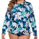 Halcurt Womens Plus Size Long Sleeve Rash Guard Swim Top with Built in Bra Loose Fit UPF50+ Sun Protection Swimsuit Blue Green White Floral 4X