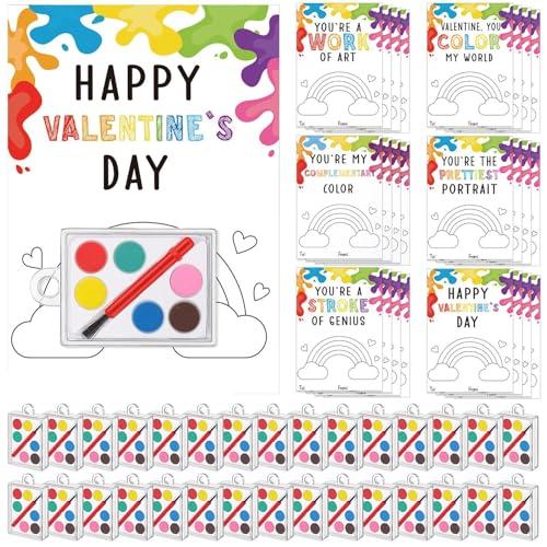 Sabary 32 Pack Valentines Day Gifts for Kids Valentines Watercolor Paint Set with Gift Cards Mini Paint Sets with Adhesive Dots for Class Exchange Prizes Party Favors for Preschool Classroom School