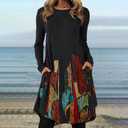 Tunic Dress for Women 2025 Casual Trendy Long Sleeve Crew Neck Vintage Printed T Shirt Dress Fashion Pullover Loose Swing Midi Dress with Pockets Size L Khaki