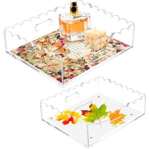 2 Pack Scalloped Acrylic Tray, Clear Acrylic Tray with Magnetic Mat, Portable Decorative Storage Trays for Photos, Dried Flowers and Jewellery
