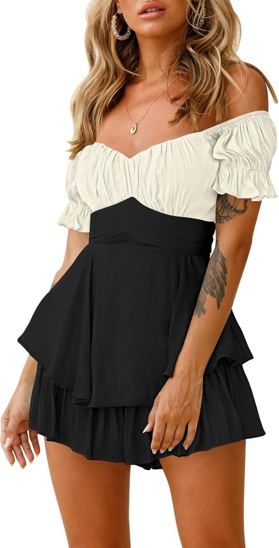 AOHITE Womens Summer Tube Top Dress Off-Shoulder Ruffled Flowy Mini Short Dresses (Small, B-black & White)