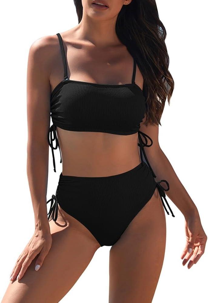 Pink Queen Women's 2 Piece High Waisted Bikini Sets Ribbed Bandeau Ruched Drawstring Swimsuit Bathing Suit (Medium, Black)