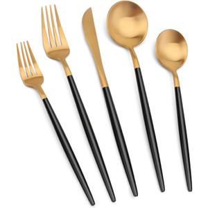 Matte Gold Silverware Set with black handle, Vanys 30 Piece Stainless Steel Cutlery Flatware Set, Kitchen Utensil Sets for 6, Tableware With Knife Spoons And Forks Set, Satin Finished Polished